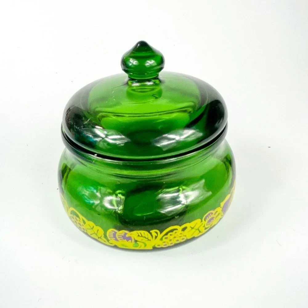 Emerald Green Glass Jam Jelly Jar Purple fruit design Belgium